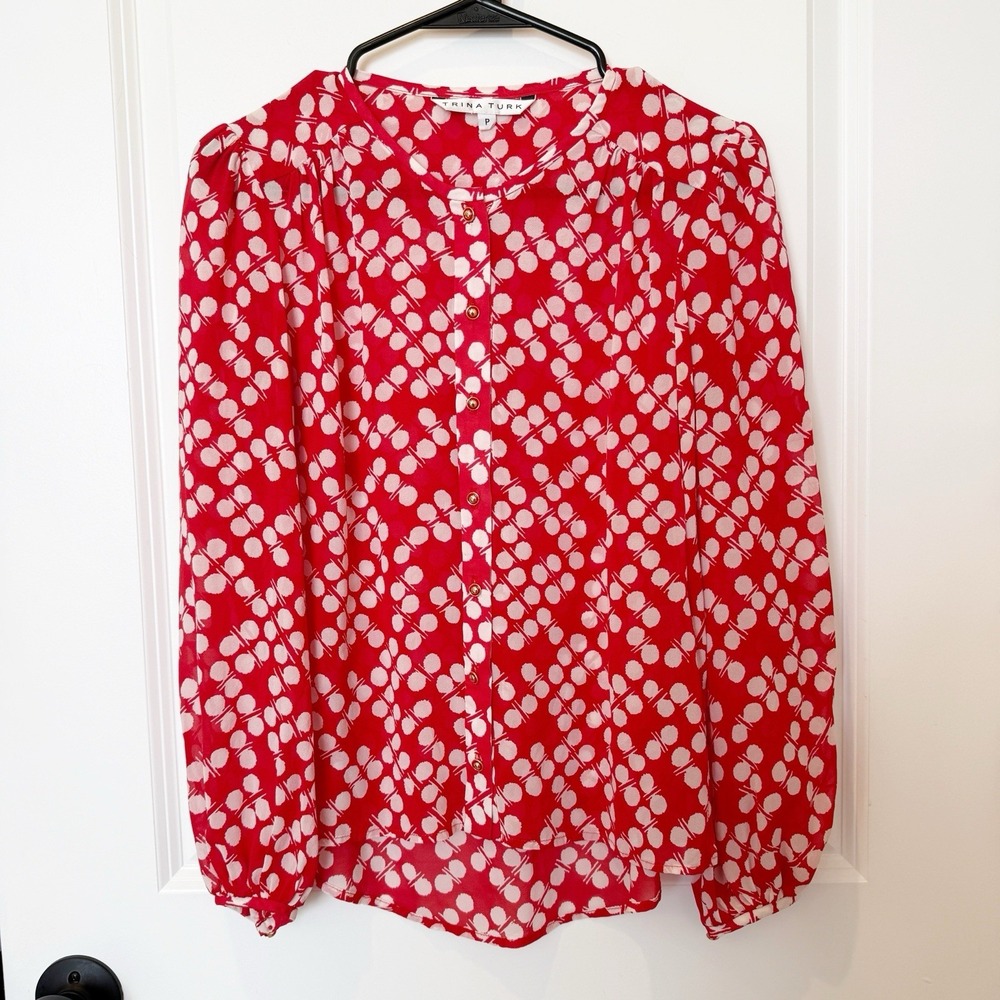 Trina Turk Silk Polka Dot Long Sleeve Blouse Petites Button Front Quiet Luxury